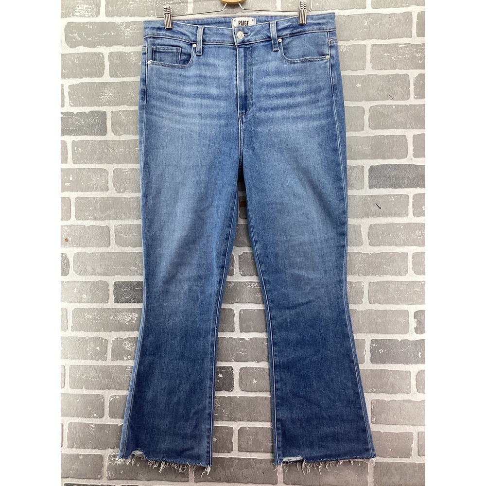 Paige Claudine High Rise Ankle Flare Jeans Raw Hem Medium Wash Blue Size 32